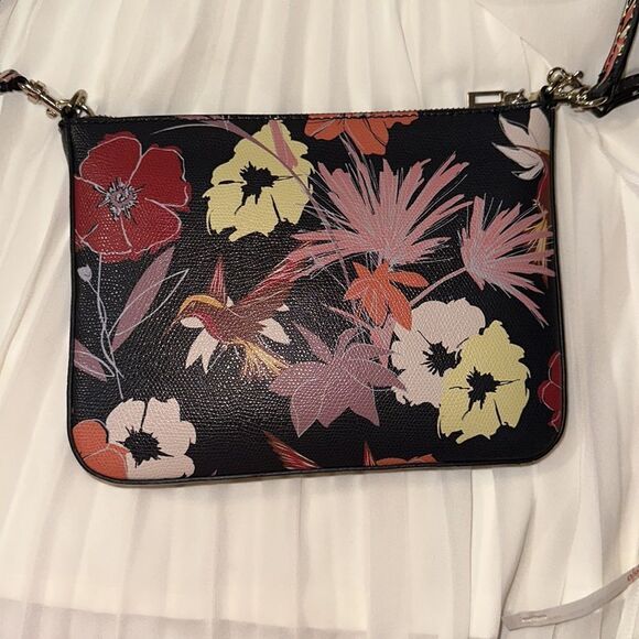 GUESS Small Black Floral Hummingbird Print Leather Crossbody Bag Purse - Picture 3 of 16